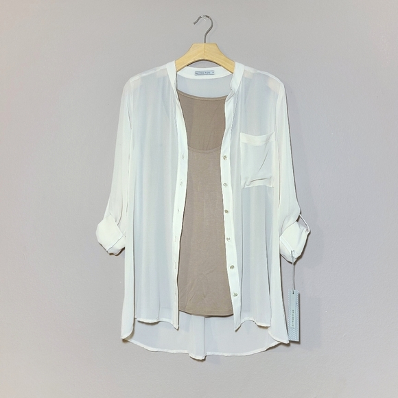 Mesmerize Tops - NWT Mesmerize Cream Sheer Buttom Down Blouse with Attached Tank Top